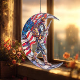Soldier Acrylic Suncatcher, Stained Glass Style American Flag Crescent Moon Window Hanging, Patriotic Military Veteran Home Decor Gift